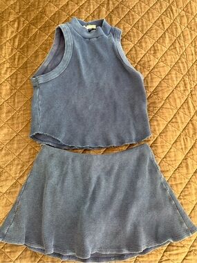Sleeveless Ribbed Crop Top & Skater Skort Set - Blue